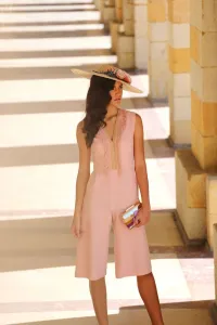 Mono corto de fiesta palazzo rosa palo con flecos para invitada