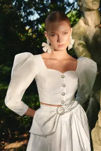 Top joya de tafetan blanco con manga abullonanda