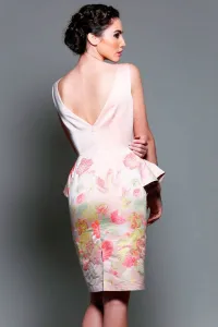 vestido de fiesta estampado flores con volante peplum y pelo