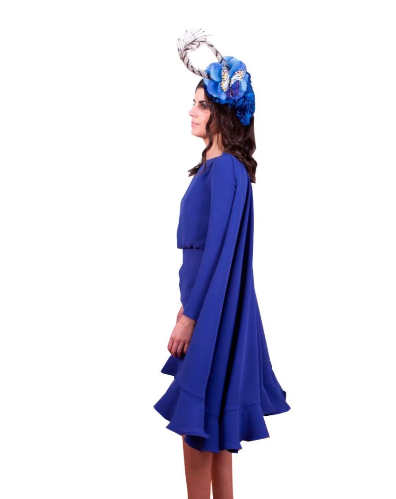 vestido fiesta boda bautizo comunion recto y volante azul klein de bouret