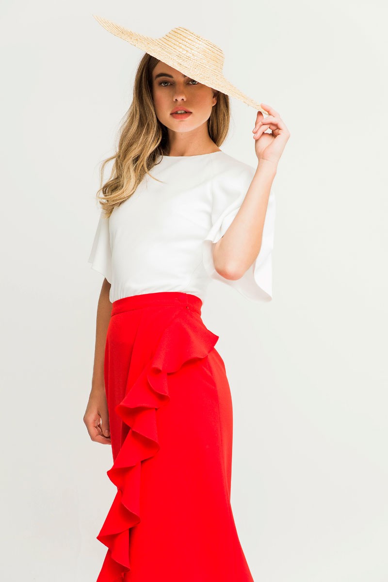 Falda larga crepe rojo midi asimetrica cenida