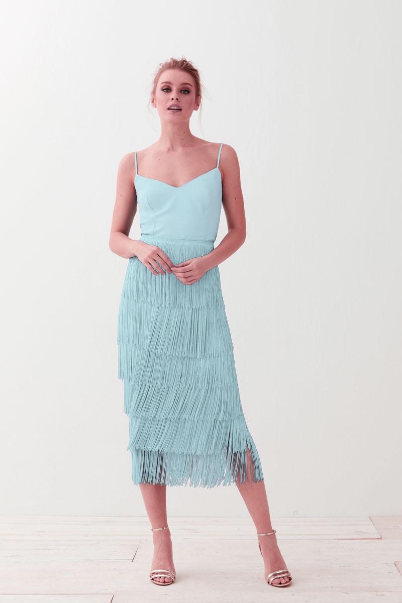 falda de flecos azul invitadas boda fiesta coctel online