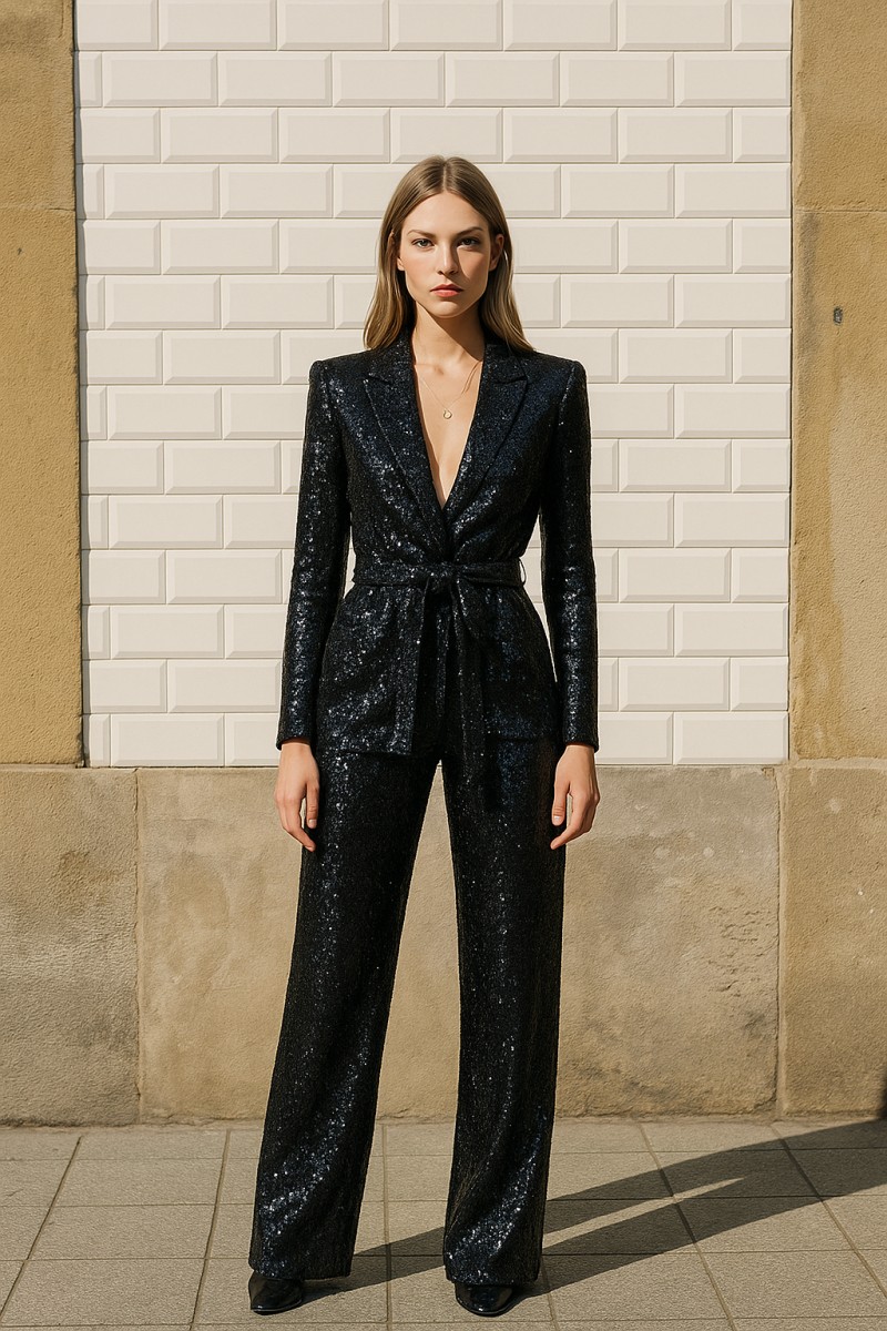 traje de chaqueta y palazzo de lentejuelas negro para invitadas fiesta apparentia on line