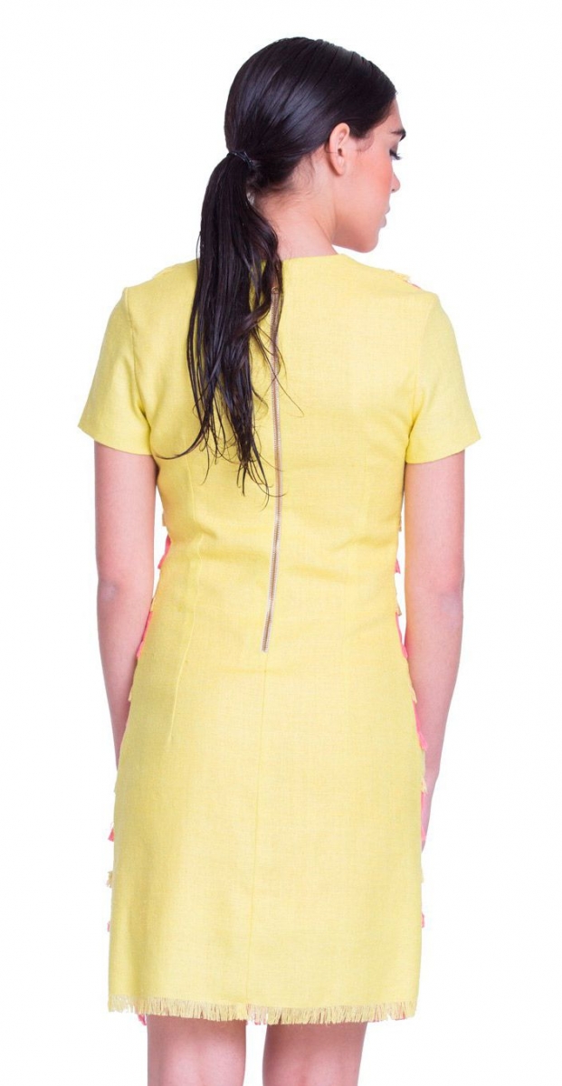 vestido de manga corta amarillo y rosa de flecos de felipe albernaz
