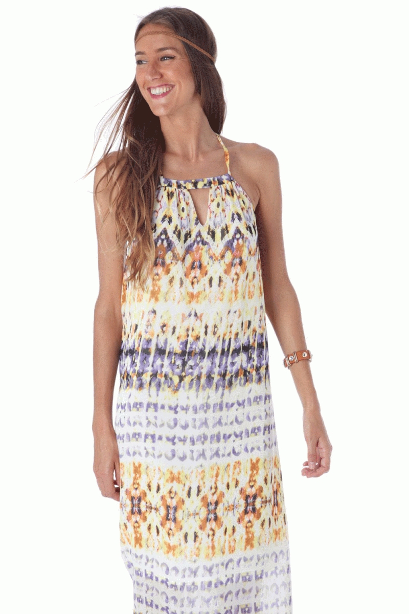 comprar vestido de estilo hippie chic largo con estampado amarillo y tirantes de q2