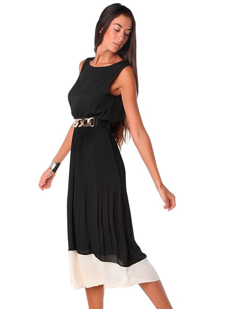 comprar vestido de largo midi negro con talle a la cintura y falda plisada de q2 en apparentia