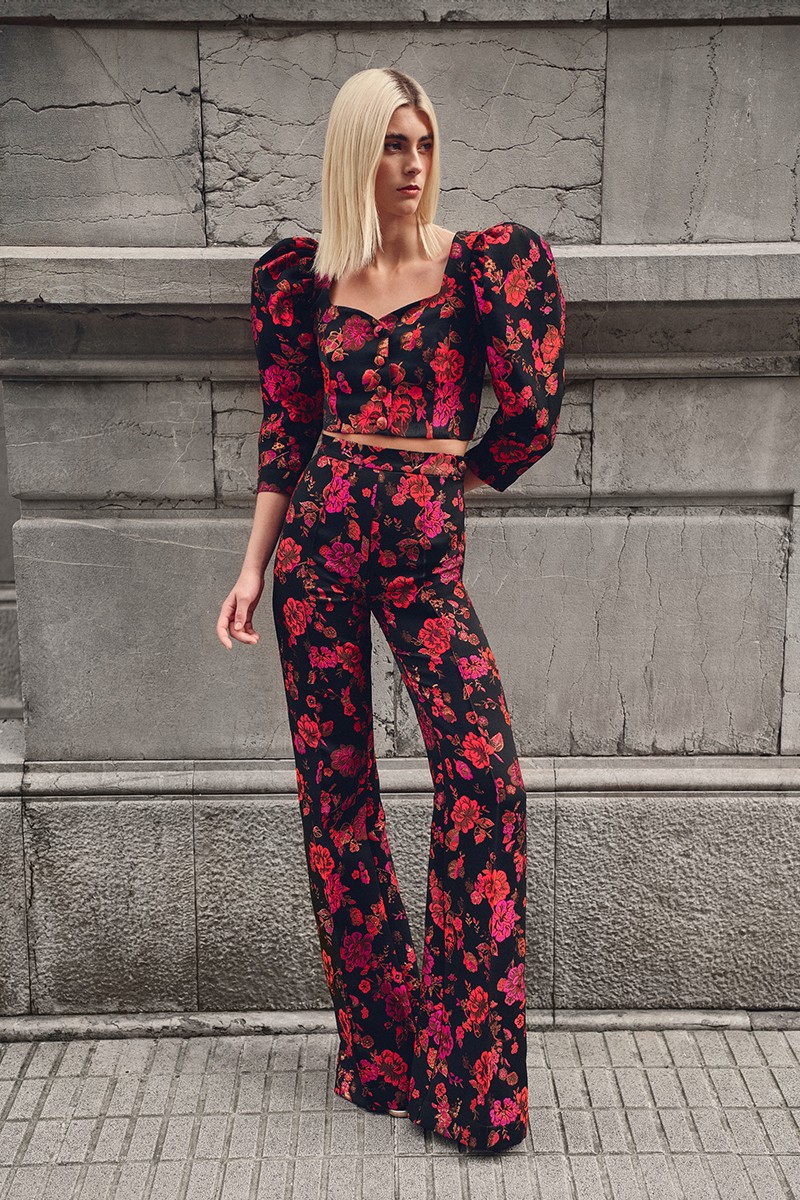 Pantalon  de fiesta estampado negro con flores, conjunto para invitada de boda de otoño/invierno, mamá de bautizo y comunión, evento de trabajo, navidad