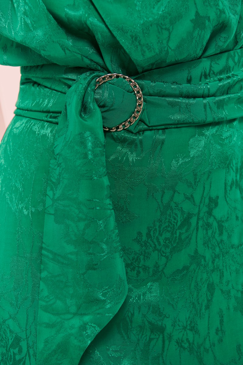  vestido midi verde esmeralda en jacquard con cuerpo drapeado falda evasé y manga larga para invitada boda, bautizo, comunion, fiesta, nochevieja, navidad