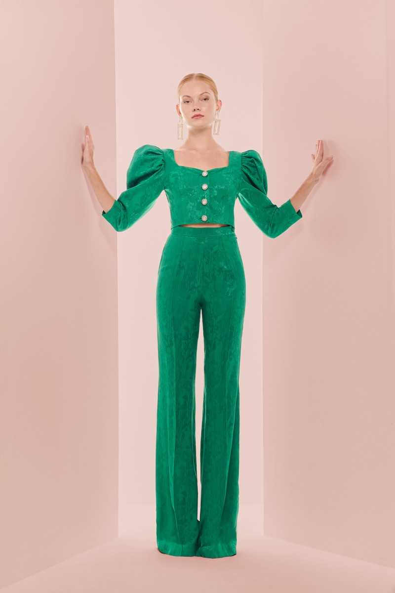 comprar top con escote corazon jacquard fluido verde y manga jamon con botones plata joya para invitada de boda, mama de comunion, mama de bautizo, fiesta, evento