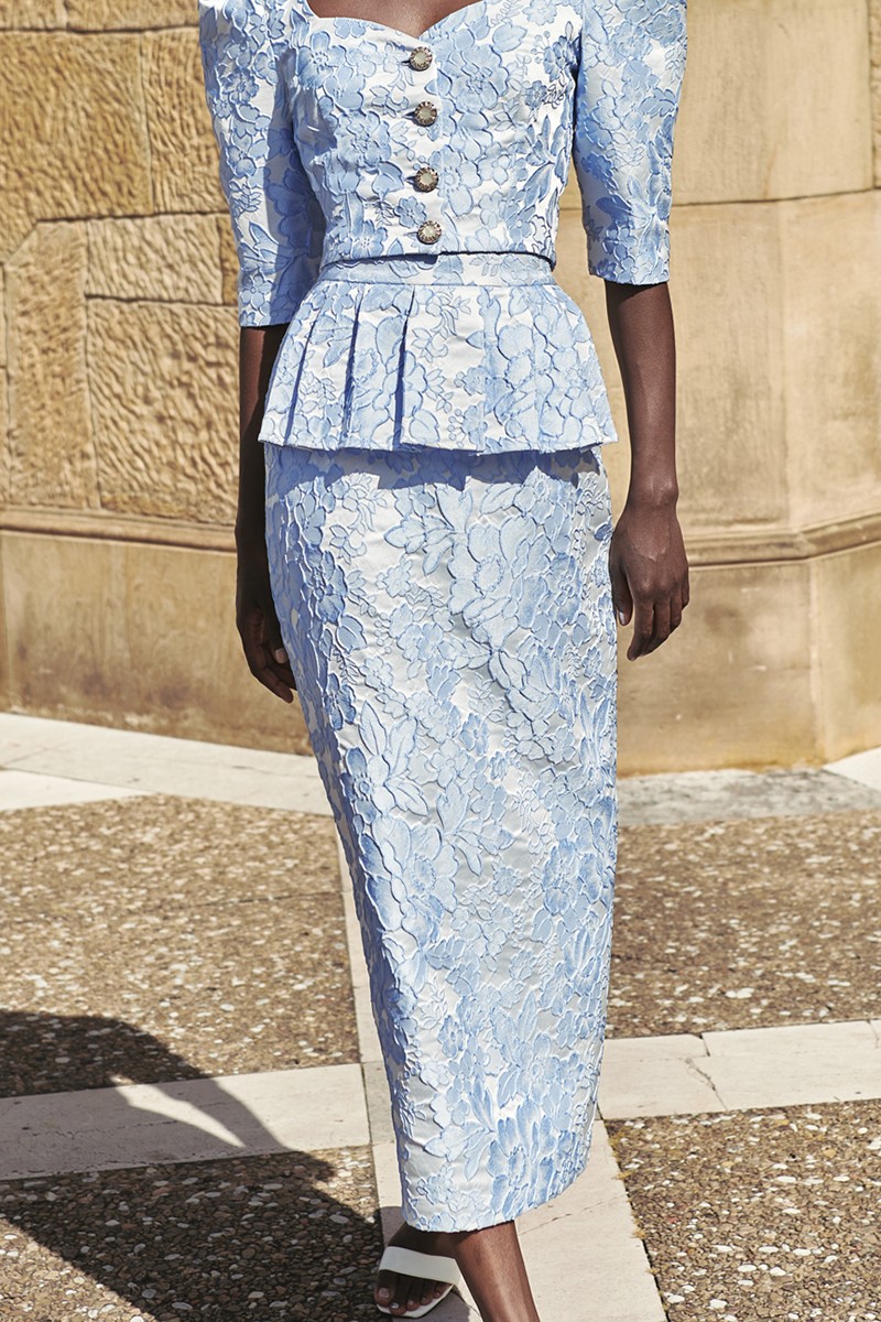 comprar online Falda de fiesta en jacquard brocado azul claro con peplum para invitadas a boda de dia, noche, bautizo, mamá de comunion