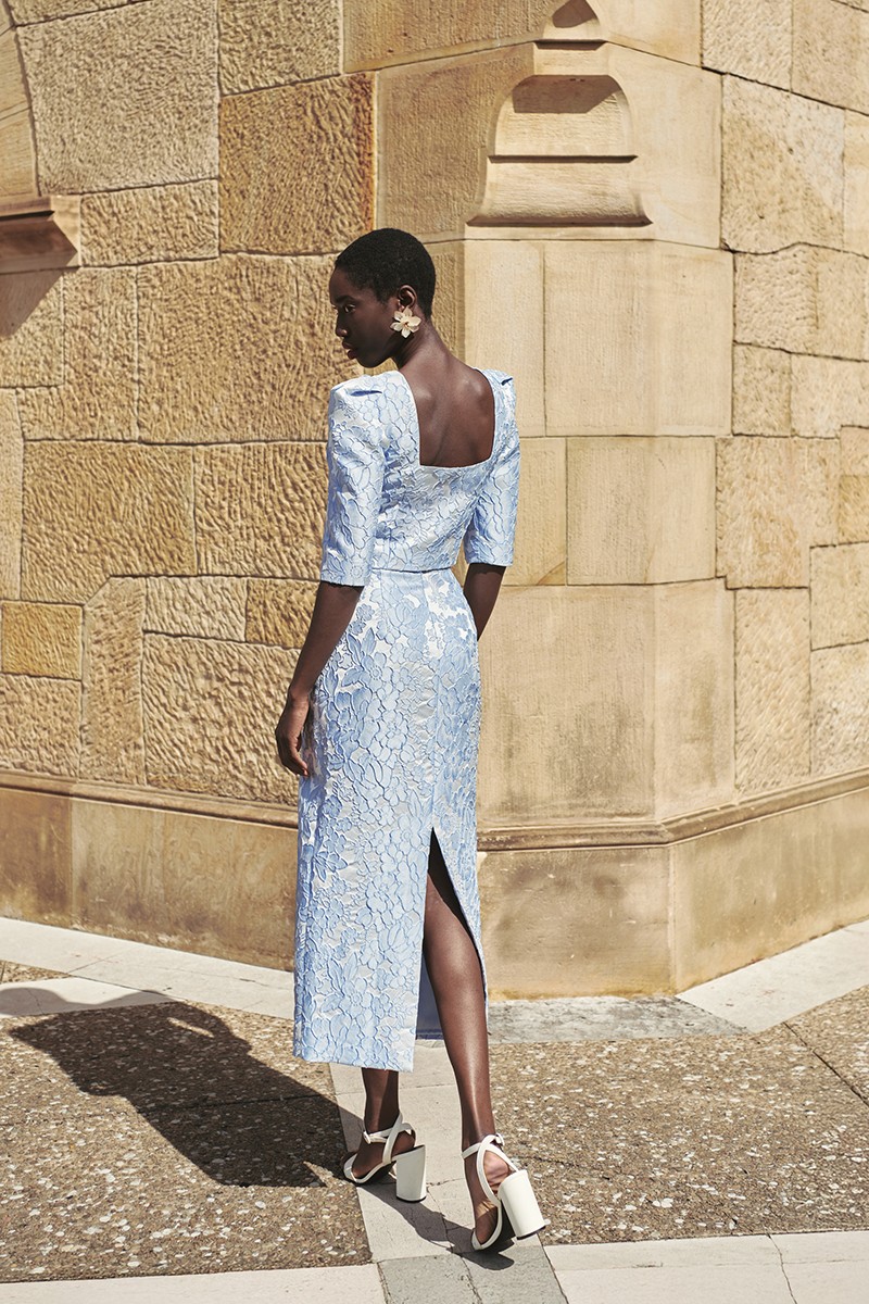 comprar Falda de fiesta en jacquard brocado azul claro con peplum para invitadas a boda de dia, noche, bautizo, mamá de comunion, graduacion