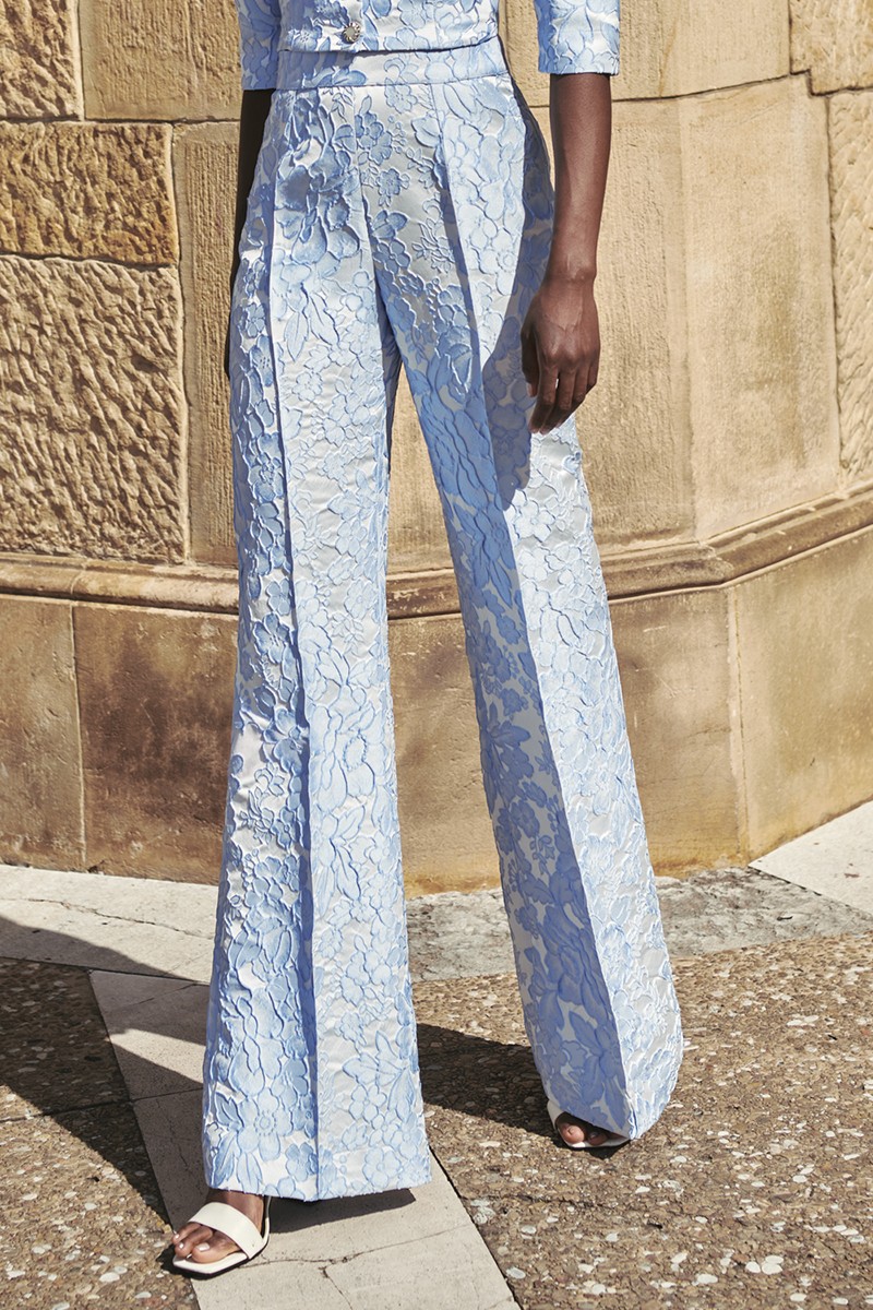 Pantalon palazzo brocado azul claro, conjunto para invitada de boda de día, mamá de bautizo y comunión,