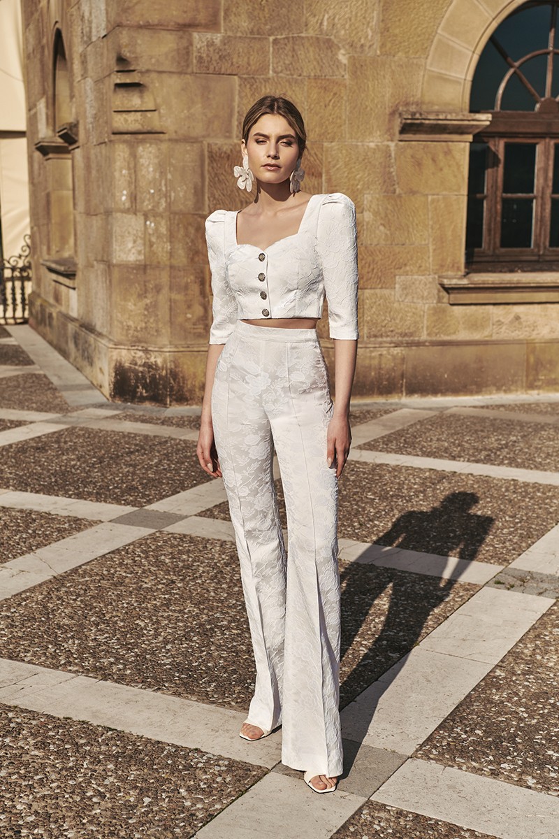 conjunto de top y Pantalon brocado blanco, para novia civil, boda, mama de comunion, bautizo, shop online, compra online