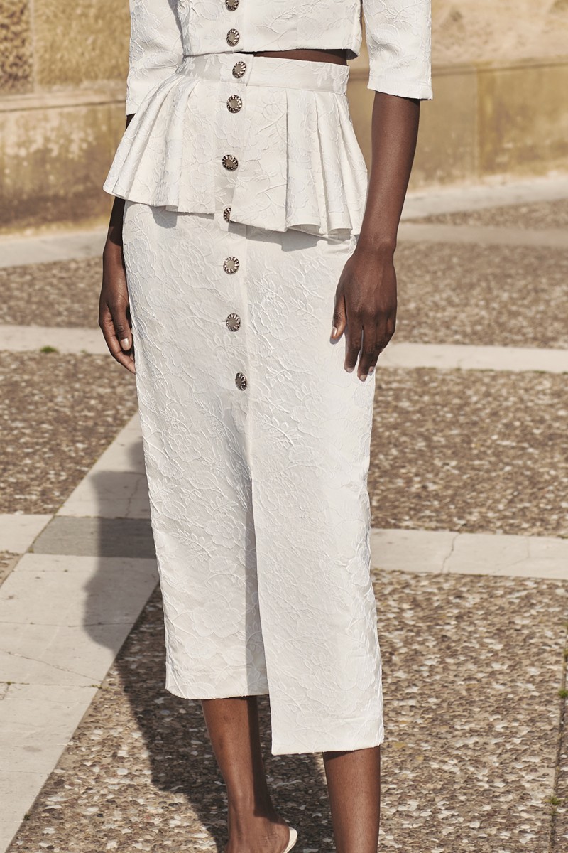 falda midi brocada con peplum y botones joya para novia civil o boda informal, mama de comunion o bautizo