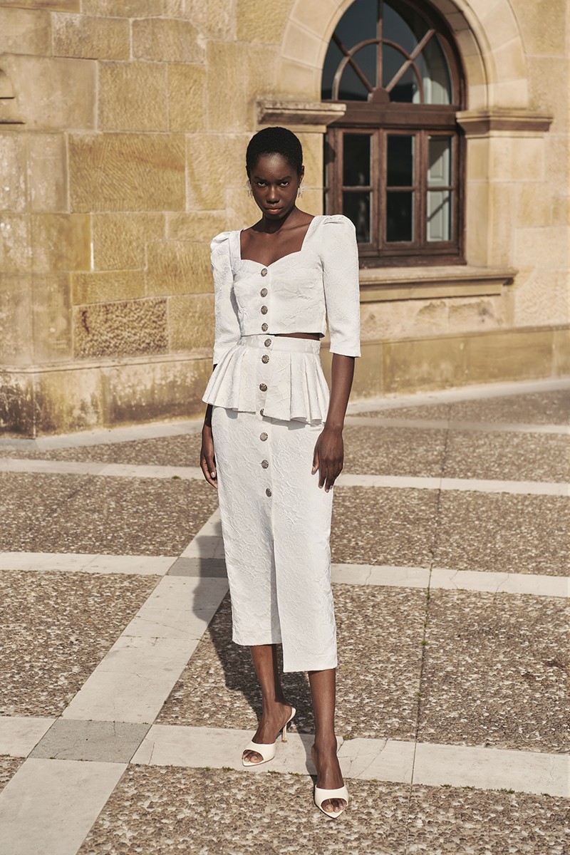 comprar online falda midi jacquard con peplum y botones joya para novia civil o boda informal, mama de comunion o bautizo