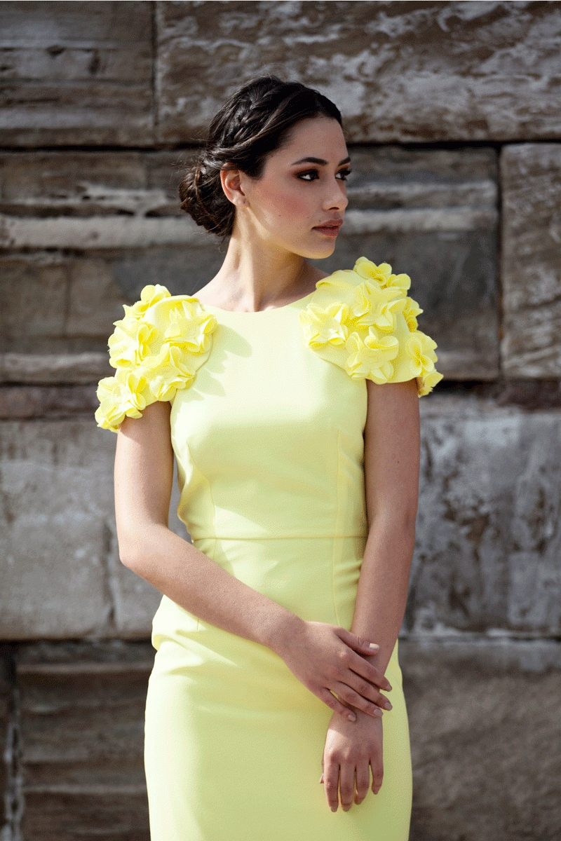 no relacionado Elegibilidad aprendiz Vestido de fiesta corto amarillo con alitas de flores para boda